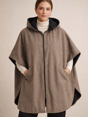 Vintage Taupe Hooded Cape Poncho Wool Blend Removable Hood Oversized